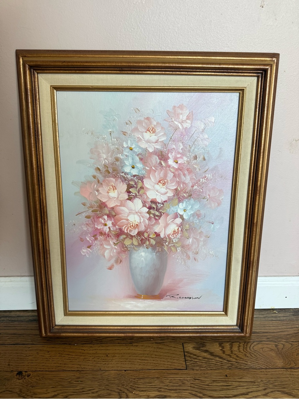 Vintage Framed Oil Painting Pink Floral Bouquet Wall Art Gold Frame 16.5x20”